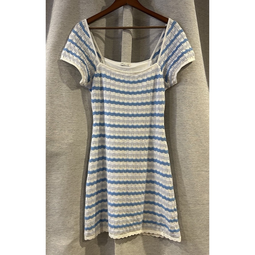 Hollister Crochet-Style Navy Stripe Midi Dress Fitted Knit Women's Size Large